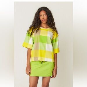 SKFK Lariz GOTS Organic Cotton Check Short Sleeve Tee Green Yellow Medium NWT